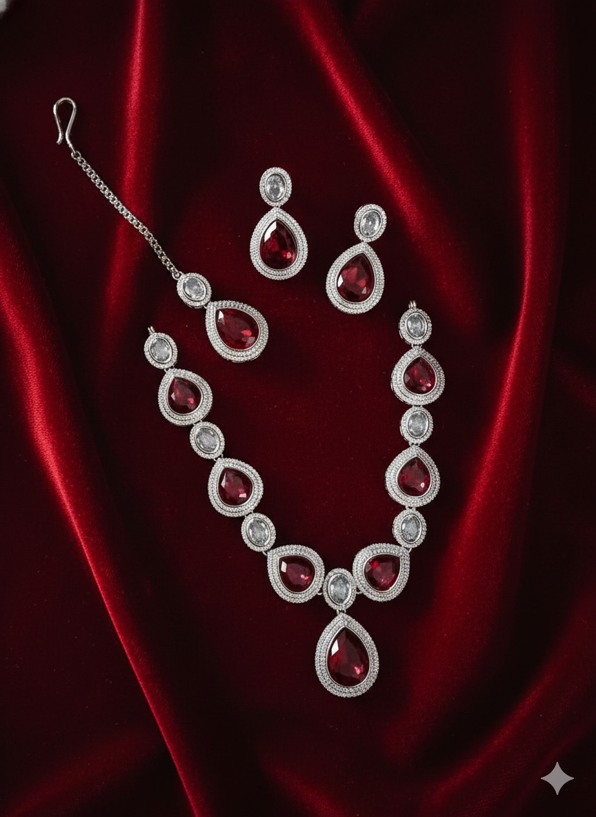 Regal Rhodium Plated Faux Ruby & Crystal Necklace Set